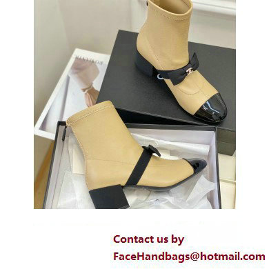 Chanel Heel 5.5cm Stretch Lambskin  &  Patent Calfskin Short Boots with Bow G40099 Beige 2023